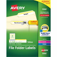 Avery&reg; TrueBlock File Folder Labels - 2/3" Width x 3 7/16" Length - Permanent Adhesive - Rectangle - Inkjet, Laser - Matte - Yellow - Paper - 30 / Sheet - 50 Total Sheets - 1500 Total Label(s) - 1