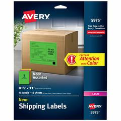 Avery&reg; Assorted Neon Shipping Labels, 8-1/2" x 11" , 15 Labels (5975) - - DiameterFull Sheet - Permanent Adhesive - Rectangle - Laser, Inkjet - Matte - Neon Magenta, Neon Green, Neon Yellow - Pape
