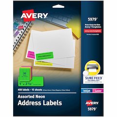 Avery&reg; Shipping Labels - x 1" Width x 2 5/8" Length - Permanent Adhesive - Rectangle - Laser, Inkjet - Matte - Neon Magenta, Neon Green, Neon Yellow - Paper - 30 / Sheet - 15 Total Sheets - 450 To