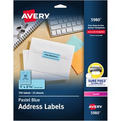 Avery&reg; Shipping Labels - 1" Width x 2 5/8" Length - Permanent Adhesive - Rectangle - Laser, Inkjet - Matte - Pastel Blue - Paper - 30 / Sheet - 25 Total Sheets - 750 Total Label(s) - 750 / Pack