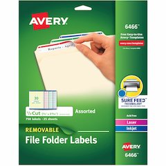 Avery&reg; Removable Laser/Inkjet Filing Labels - 2/3" Width x 3 7/16" Length - Removable Adhesive - Rectangle - Inkjet, Laser - Matte - Blue, Green, Red, White, Yellow - Paper - 30 / Sheet - 25 Total