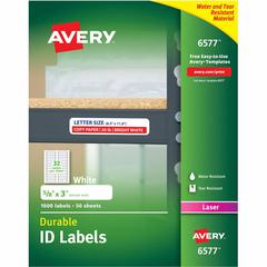 Avery&reg; Permanent Durable ID Laser Labels - Waterproof - 5/8" Width x 3" Length - Permanent Adhesive - Rectangle - Laser - White - Film - 32 / Sheet - 50 Total Sheets - 1600 Total Label(s) - 5 - Wa