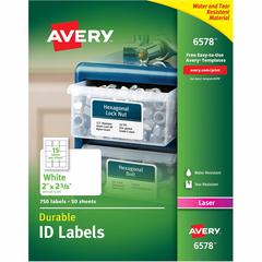 Avery&reg; Permanent Durable ID Laser Labels - Waterproof - 2" Width x 2 5/8" Length - Permanent Adhesive - Rectangle - Laser - Matte - White - Film - Water Resistant - 15 / Sheet - 50 Total Sheets - 