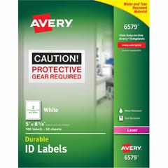 Avery&reg; TrueBlock ID Label - Waterproof - 5" Width x 8 1/8" Length - Permanent Adhesive - Rectangle - Laser - Matte - White - Film - Water Resistant - 2 / Sheet - 50 Total Sheets - 100 Total Label(