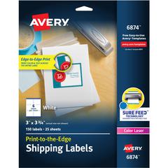 Avery&reg; Shipping Labels, Sure Feed, 3" x 3-3/4" , 150 Labels (6874) - 3" Width x 3 3/4" Length - Permanent Adhesive - Rectangle - Laser - White - Paper - 6 / Sheet - 25 Total Sheets - 150 Total Lab