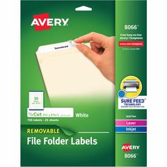 Avery&reg; Removable File Folder Labels - 2/3" Width x 3 7/16" Length - Removable Adhesive - Rectangle - Inkjet, Laser - Matte - White - Paper - 30 / Sheet - 25 Total Sheets - 750 Total Label(s) - 750