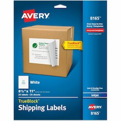 Avery&reg; TrueBlock Shipping Labels, 8-1/2" x 11" , 25 Labels (8165) - 8 1/2" Width x 11" Length - Permanent Adhesive - Inkjet - White - Paper - 1 / Sheet - 25 Total Sheets - 25 Total Label(s) - 25 /
