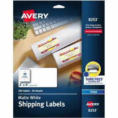 Avery&reg; White Shipping Labels, Sure Feed&reg;, 2" x 4" , 200 Labels (8253) - 2" Width x 4" Length - Permanent Adhesive - Rectangle - Inkjet - White - Paper - 10 / Sheet - 20 Total Sheets - 200 Tota