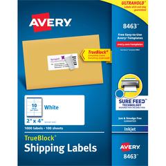 Avery&reg; Shipping Labels, Sure Feed, 2" x 4" 1,000 White Labels (8463) - 2" Width x 4" Length - Permanent Adhesive - Rectangle - Inkjet - Matte - White - Paper - 10 / Sheet - 100 Total Sheets - 1000
