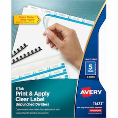 Avery&reg; Print & Apply Label Unpunched Dividers - Index Maker Easy Apply Label Strip - 25 x Divider(s) - 5 Blank Tab(s) - 5 Tab(s)/Set - 8.5" Divider Width x 11" Divider Length - Letter - White Pape