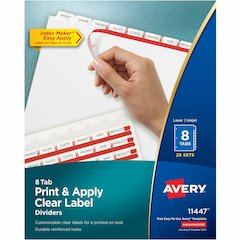 Avery&reg; Print & Apply Clear Label Dividers - Index Maker Easy Apply Label Strip - 200 x Divider(s) - 8 Blank Tab(s) - 8 Tab(s)/Set - 8.5" Divider Width x 11" Divider Length - Letter - 3 Hole Punche
