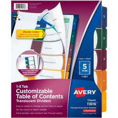 Avery&reg; Ready Index Customizable TOC Binder Dividers - 5 x Divider(s) - 1-5 - 5 Tab(s)/Set - 8.5" Divider Width x 11" Divider Length - 3 Hole Punched - Clear Plastic Divider - Multicolor Plastic Ta