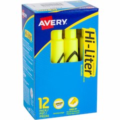 Avery&reg; Hi-Liter, Desk-Style, Fluorescent Yellow, 12 Count (24000) - Washable - Fluorescent Yellow Ink - Water Based - Yellow Barrel - Classroom, School, Office, Home, Planner - 12 Dozen