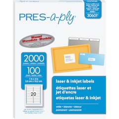 PRES-a-ply White Labels - 1" Width x 4" Length - Permanent Adhesive - Rectangle - Laser, Inkjet - White - Paper - 20 / Sheet - 100 Total Sheets - 2000 Total Label(s) - 2000 / Box