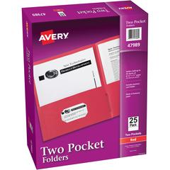 Avery&reg; Letter Pocket Folder - 8 1/2" x 11" - 40 Sheet Capacity - 2 Internal Pocket(s) - Embossed Paper - Red - 25 / Box