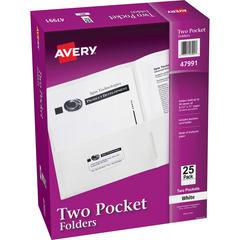 Avery&reg; Letter Pocket Folder - 8 1/2" x 11" - 40 Sheet Capacity - 2 Internal Pocket(s) - Embossed Paper - White - 25 / Box