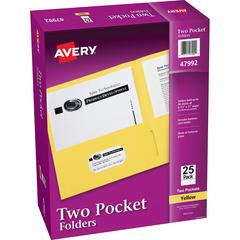 Avery&reg; Letter Pocket Folder - 8 1/2" x 11" - 40 Sheet Capacity - 2 Internal Pocket(s) - Embossed Paper - Yellow - 25 / Box