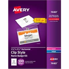 Avery&reg; Garment Friendly Clip Style Name Badge Kitfor Laser and Inkjet Printers - 3 1/2" x 2 1/4" - 100 / Box - Durable, Reusable, Printable - White