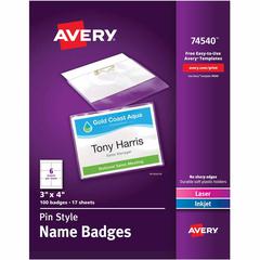 Avery&reg; Pin-Style Name Badges - Clear, White - 1 Box