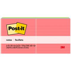 Post-it&reg; Lined Notes - Poptimistic Color Collection - 600 - 3" Flag/Note Width x 3" Flag/Note Length - Square - 100 Sheets per Pad - Ruled - Pink, Blue, Green - Paper - Self-adhesive, Repositionab