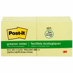 Post-it&reg; Greener Notes - 1200 - 3" Flag/Note Width x 3" Flag/Note Length - Square - 100 Sheets per Pad - Unruled - Canary Yellow - Paper - Self-adhesive, Repositionable - Recycled - 1 Pack