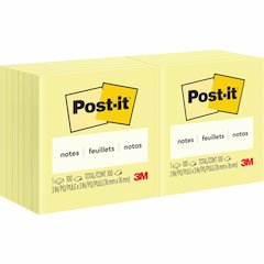 Post-it&reg; Notes Original Notepads - 3" Flag/Note Width x 3" Flag/Note Length - Square - 100 Sheets per Pad - Unruled - Canary Yellow - Paper - Self-adhesive, Repositionable - No - 12 / Pack