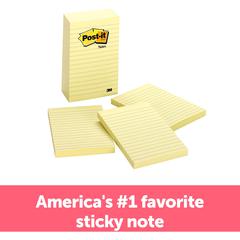 Post-it&reg; Lined Notes - 500 - 4" x 6" - Rectangle - 100 Sheets per Pad - Ruled - Yellow - Paper - Self-adhesive, Repositionable - 5 / Pack