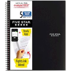 Five Star Notebook - 5 Subject(s) - 200 Sheets - Wire Bound - College Ruled Front Ruling - 3 Hole(s) - Letter - 8 1/2" x 11" Sheet Size - Black Cover - Bleed Resistant, Pocket, Perforated, Water Resis
