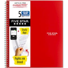 Five Star Wirebound Notebook - 5 Subject(s) - 200 Pages - Wire Bound - College Ruled Front Ruling - Letter - 8 1/2" x 11" Sheet Size - Red Cover - Double Sided Sheet, Durable, Water Resistant, Wear Re