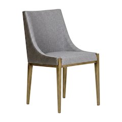 Modern grey and brass dining chair with padded seat and sleek design