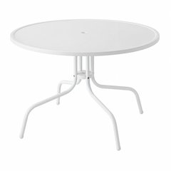 White outdoor dining table with anti-tip hardware and sturdy construction