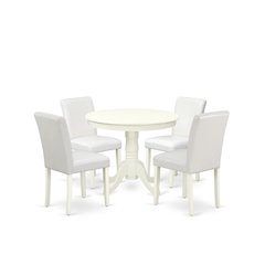 5 Piece Dining Room Table Set Includes a Round Kitchen Table with Pedestal and 4 White Faux Leather Upholstered Parson Chairs, Linen White