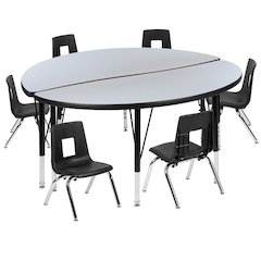 47.5" Circle Wave Flexible Laminate Activity Table Set with 12" Student Stack Chairs, Oak/Black