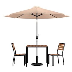 5 Piece All-Weather Deck or Patio Set with 2 Stacking Faux Teak Chairs, 35" Square Faux Teak Table, Tan Umbrella & Base