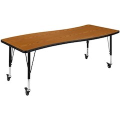 Mobile 26"W x 60"L Rectangular Wave Flexible Collaborative Oak Thermal Laminate Activity Table - Height Adjustable Short Legs