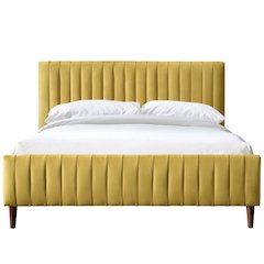 Spencer Wood/Fabric Upholstered Queen Platform Bed in Gold Velvet