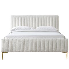 Julia Wood and Fabric Upholstered Queen Platform Bed in White Boucle