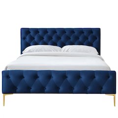 France Wood and Fabric Upholstered Queen Platform Bed in Blue