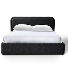 Upholstered Platform Queen Bed in Black Boucle Fabric
