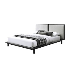 Nord Queen Size Wood Platform Bed in Black and Cream Beige Boucle