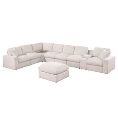 Sectional Sofa With Table Cupholder Console, USB Port Ottoman - Beige Chenille