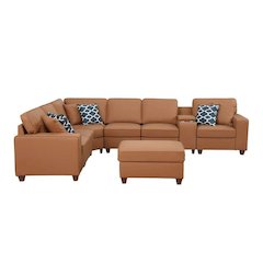 Artificial Leather Modular Sectional With Ottoman And Cupholder Console - Beige