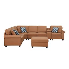 Artificial Leather Modular Sectional Sofa with ottoman and cupholder console