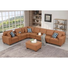 Artificial Leather Modular Sectional With Ottoman And Cupholder Console - Beige
