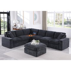 Sectional Sofa With Table Cupholder Console And Ottoman - Dark Gray Chenille