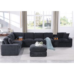 Sectional Sofa With Table Cupholder Console, Ottoman - Dark Gray Chenille