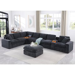 Sectional Sofa With Console With A Corner Table Ottoman - Dark Gray Chenille