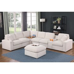 Sectional Sofa With Console, Corner Table And Ottoman- Beige Chenille
