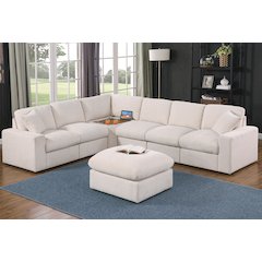 Sectional Sofa With Table Cupholder Console And Ottoman - Beige Chenille