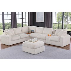 Sectional Sofa Cupholder Console, Corner Table And Ottoman- Beige Polyester